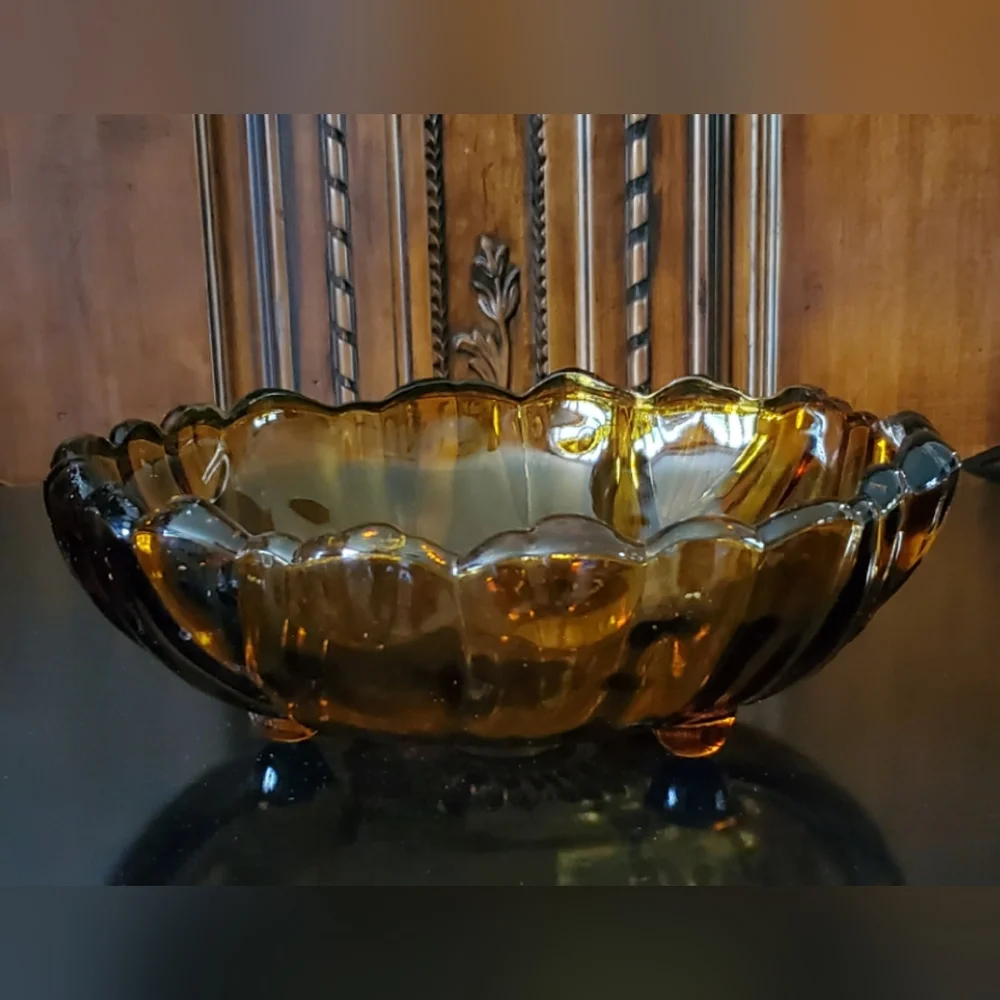 11" 🧡Vntg🌻"Petals Amber"🧡3 Toed Footed Thick 4lb 4oz Bowl by Colony🌻 - Picture 5 of 13